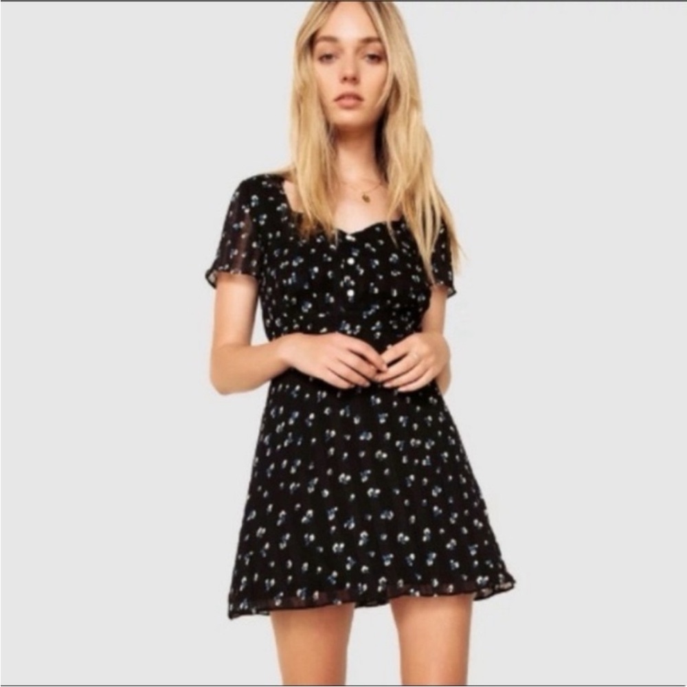 The East Order Ami Mini Floral Dress Ditsy Ruffle Black blue Cottagecore S